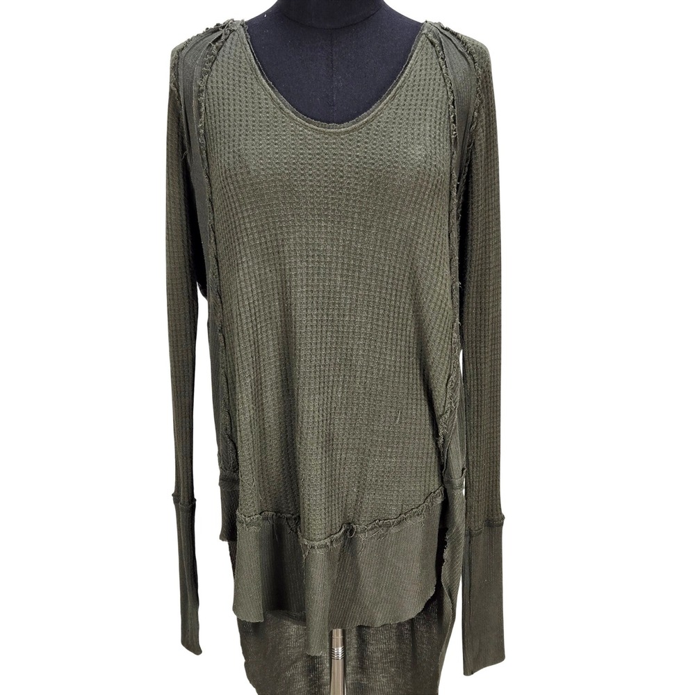 Women's Free People Large Olive Green Thermal Waffle Knit Raw Edge Hi-Lo Top
